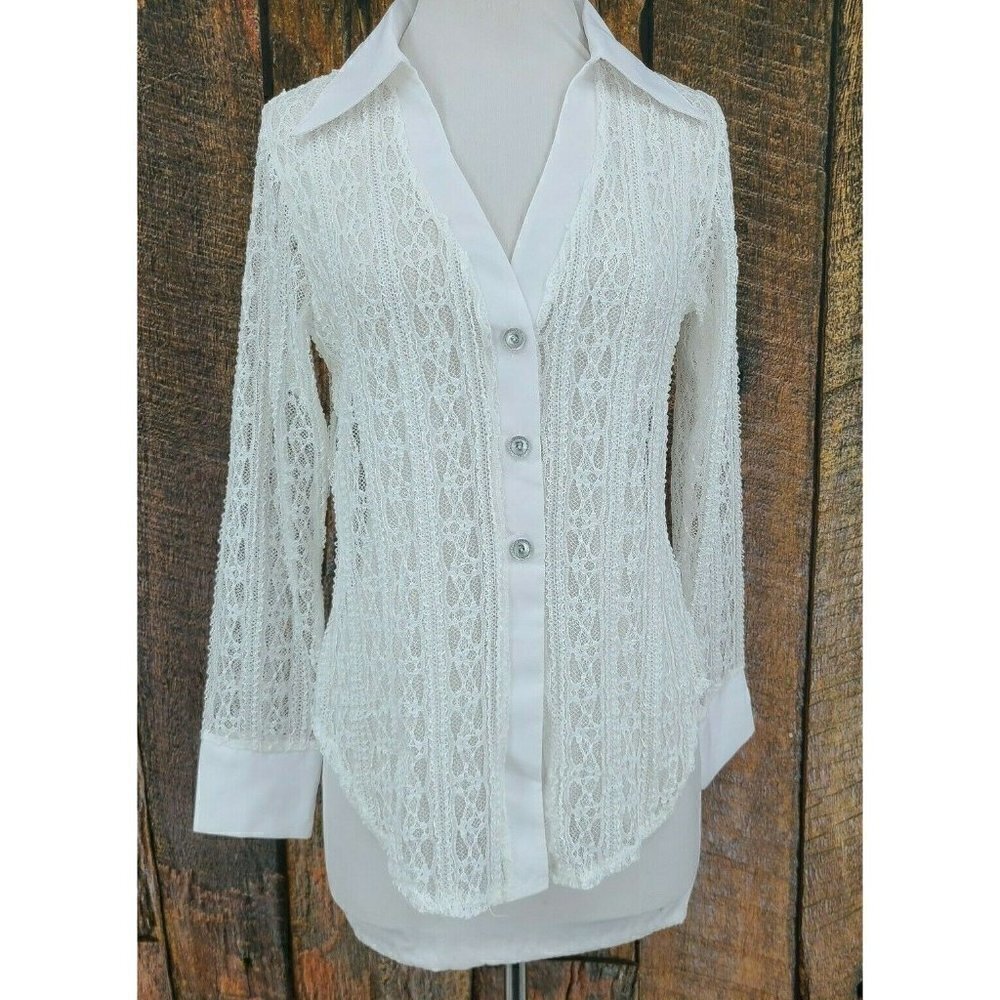 New For Love & Lemons Skivvies Sheer Lace Blouse Womens M White LS Top